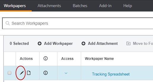 Screen capture showing the pencil icon for editing a workpaper.
